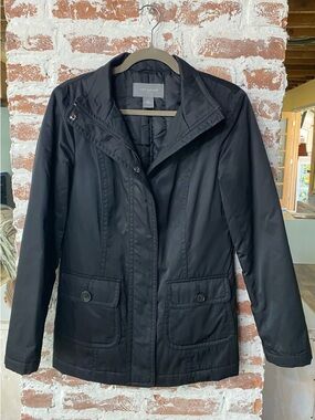 EUC ANN KLEIN Sleek Black WeatherProof Jacket, Fully Lined w/Zipper, Pockets